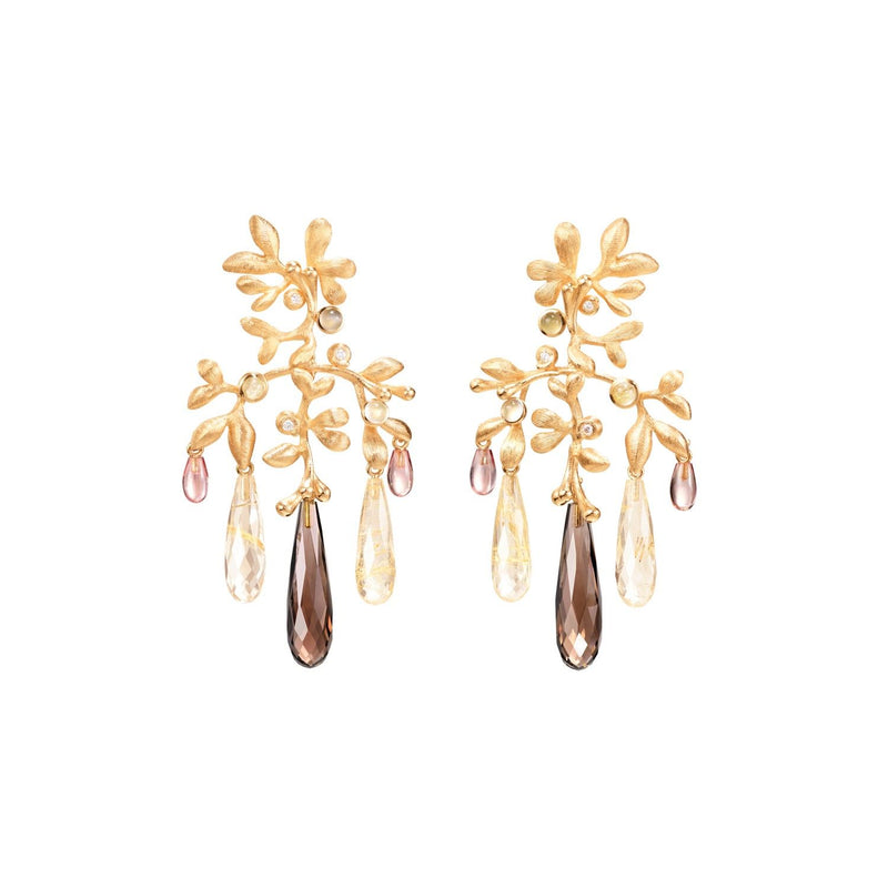 Gipsy Small 18K Gold Earrings w. Quartz, Tourmaline, Moonstone & Diamond