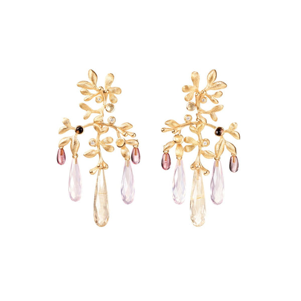 Gipsy Small Pink 18K Gold Earrings w. Quartz, Tourmaline & Diamond