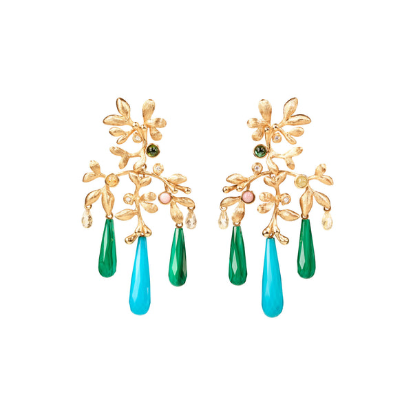 Gipsy Small 18K Gold Earrings w. Quartz, Malachite, Turquoise, Coral, Tourmaline & Diamond