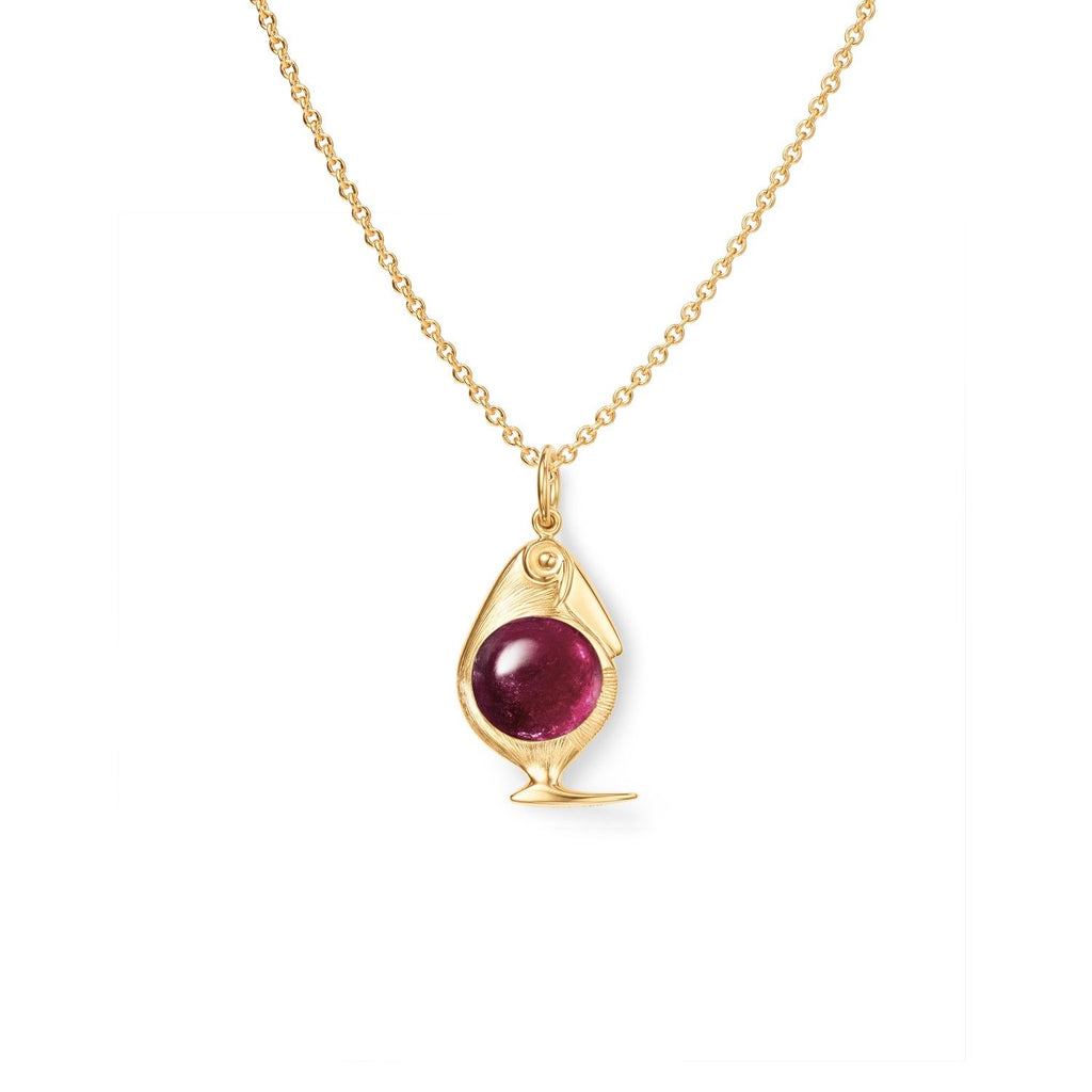 Bird Family 18K Gold Pendant w. Tourmaline