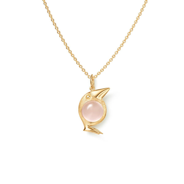 Bird Family 18K Gold Pendant w. Rose Quartz