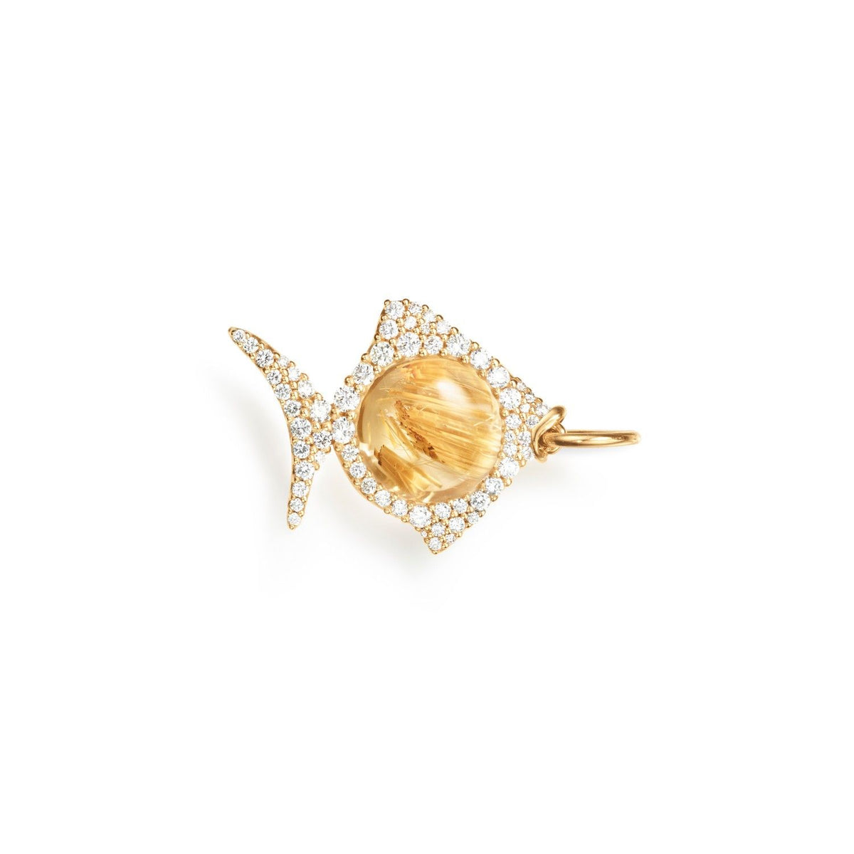 Young Fish 18K Gold Pendant w. Rutil Quartz & Diamonds
