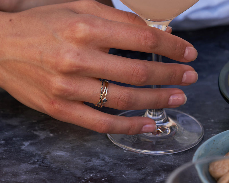 Crossover 14K or 18K Gold Ring w. Black Lab-Grown Diamonds