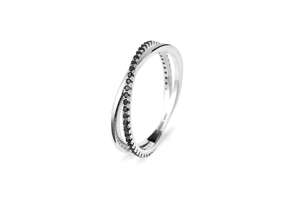 Crossover 14K or 18K White Gold Ring w. Black Lab-Grown Diamonds