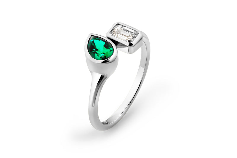 Toi Et Moi 14k eller 18k Hvidguld Ring m. Lab-Grown Diamant & Lab-Grown Smaragd