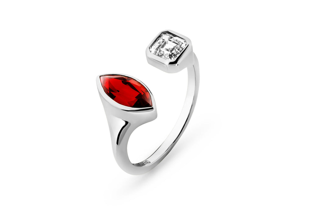 Toi Et Moi 14k or 18k Whitegold Ring w. Lab-Grown Diamond & Lab-Grown Ruby