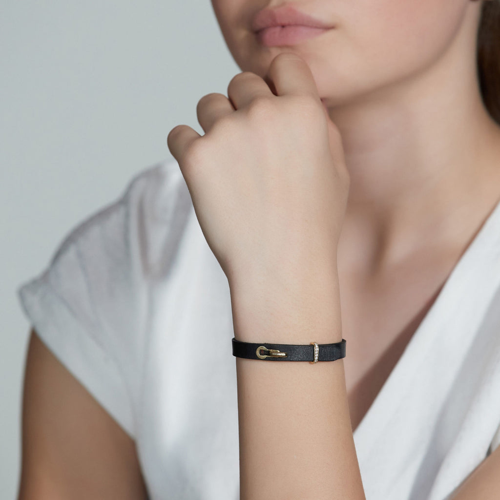 Revolution Black Leather 18K Gold Bracelet w. Diamonds