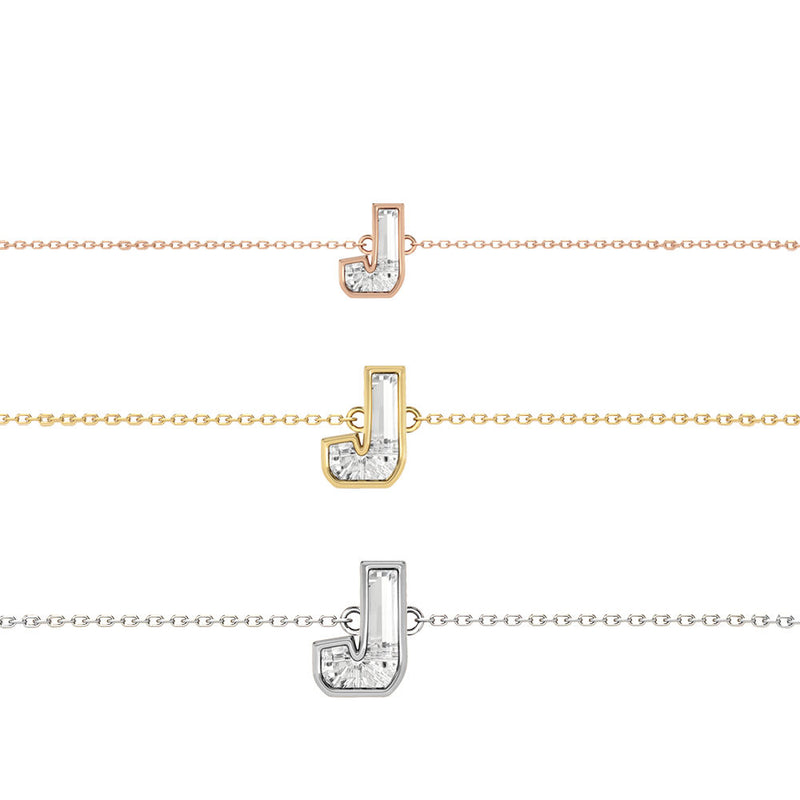 Alphabet Initial J 18K Gold, Rosegold or Whitegold Bracelet w. Solitaire Lab-Grown Diamond