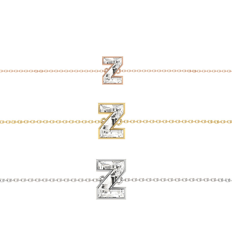 Alphabet Initial Z 18K Gold, Rosegold or Whitegold Bracelet w. Solitaire Lab-Grown Diamond