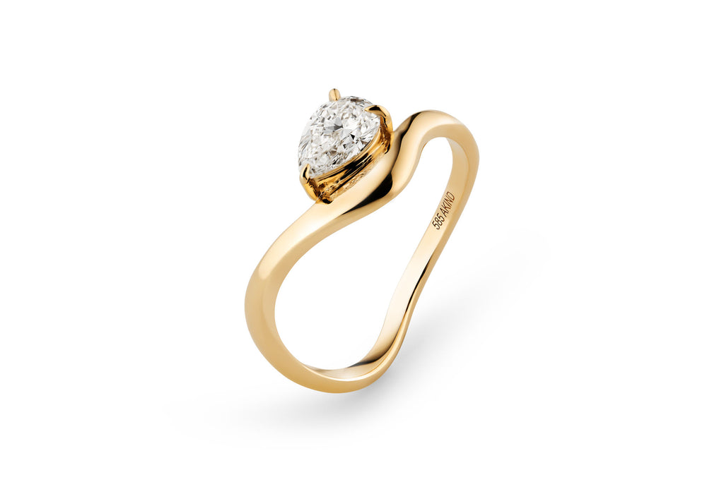 Curved Pear 14k or 18k Gold Ring w. Lab-Grown Diamond