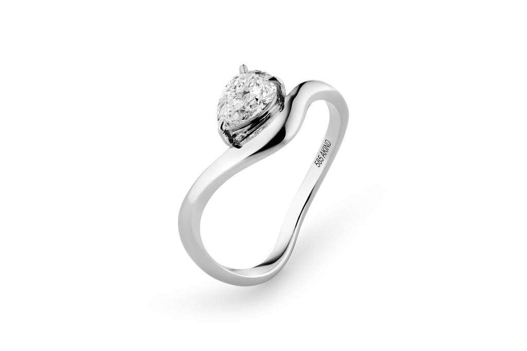 Curved Pear 14k or 18k Whitegold Ring w. Lab-Grown Diamond