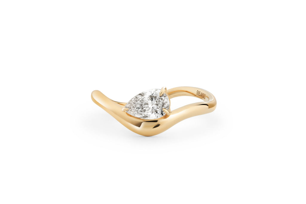Curved Pear 14k or 18k Gold Ring w. Lab-Grown Diamond