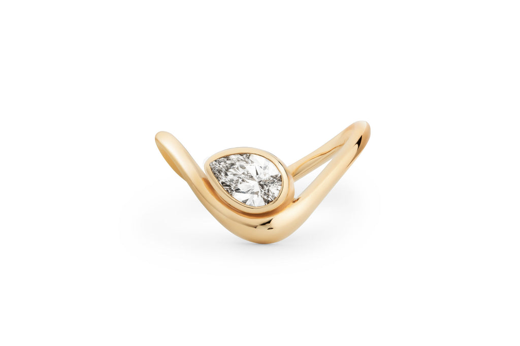 Wavy Pear Bezel 14k or 18k Gold Ring w. Lab-Grown Diamond