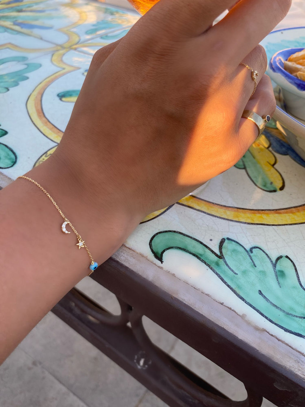 Star Evil Eye Half Moon 18K Gold Bracelet w. Diamonds