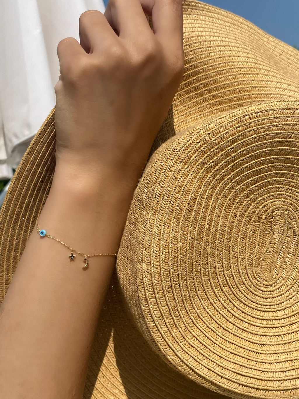 Star Evil Eye Half Moon 18K Gold Bracelet w. Diamonds