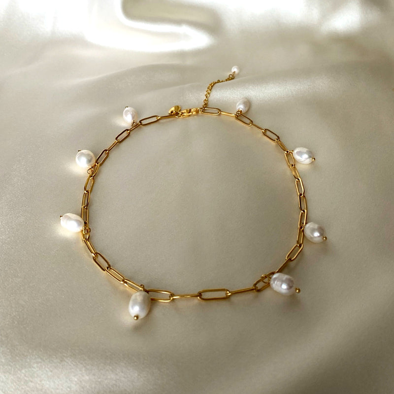 Drop 18K Gold Plated Necklace w. Freshwater Pearls