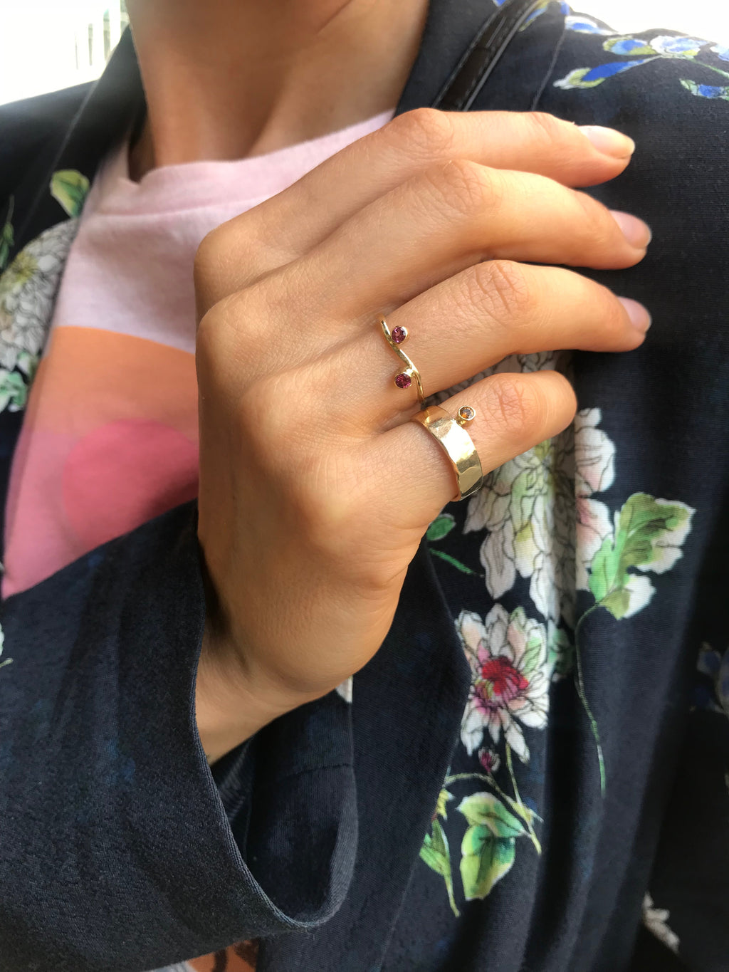 Double Tiaré 18K Gold Ring w. Diamond & Ruby