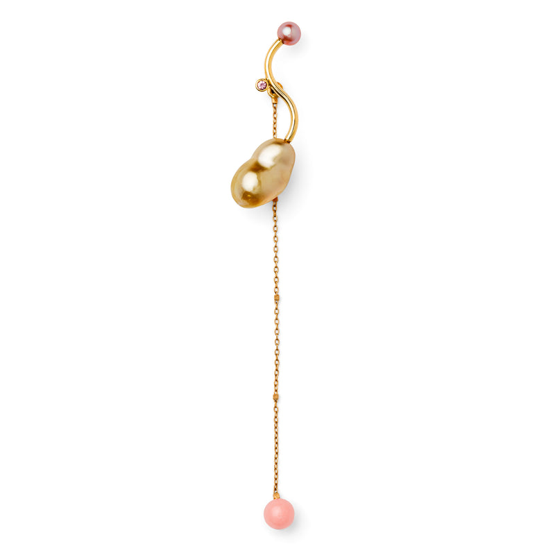 Long Arwa 14K Gold Earring w. Pearls & Sapphire