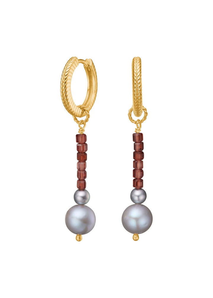 Lotus Flower Gold Plated Earrings w. Grey Pearl & Champagne Garnet