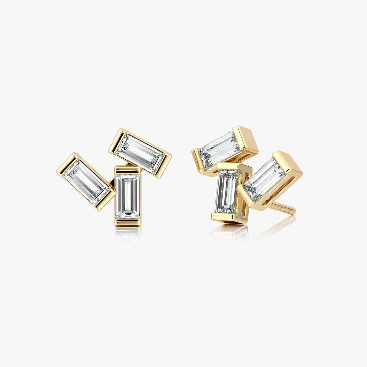 Baguette 14K Gold Cluster Studs w. Lab-Grown Diamonds