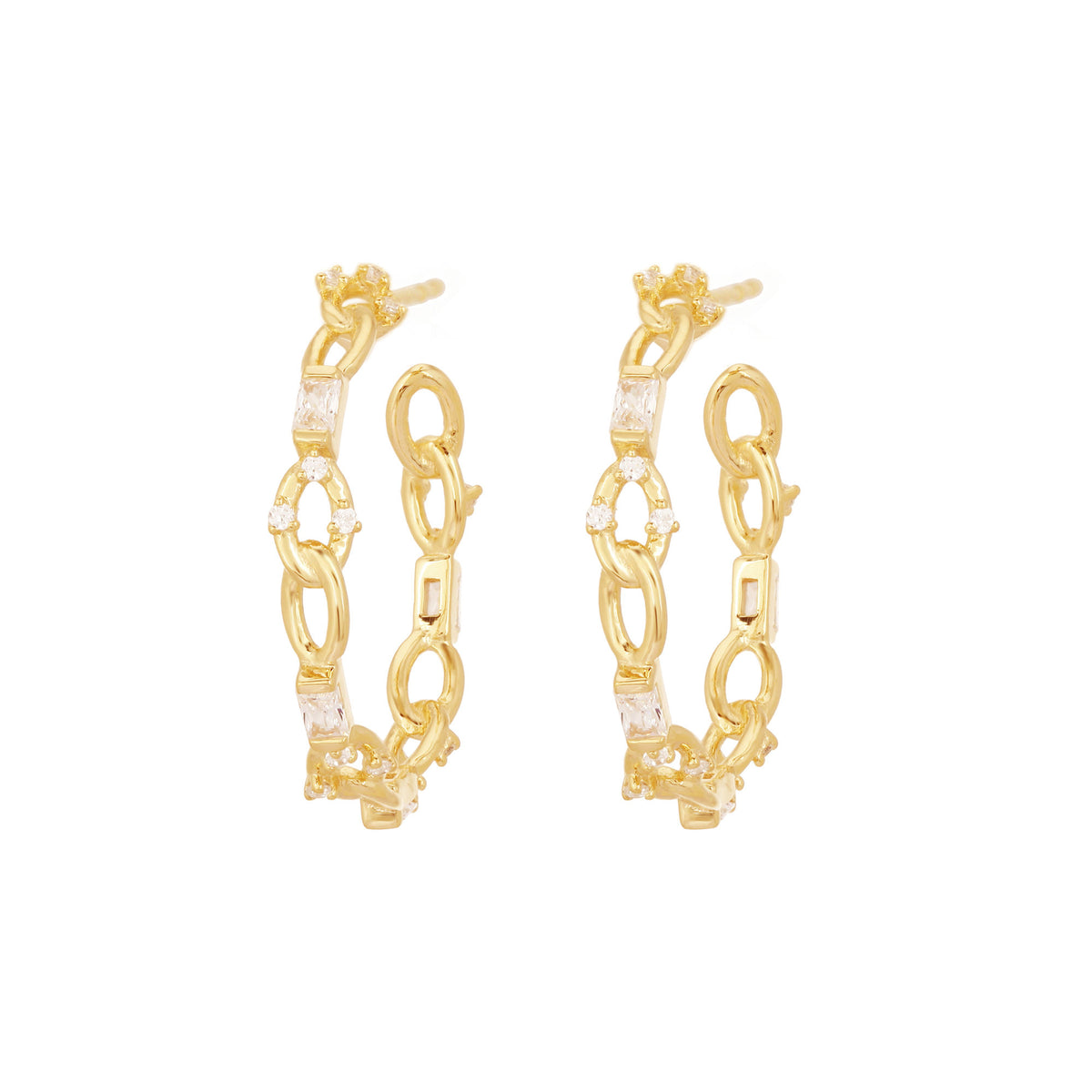 Baguette Chain Gold Plated Hoops w. Zirconia