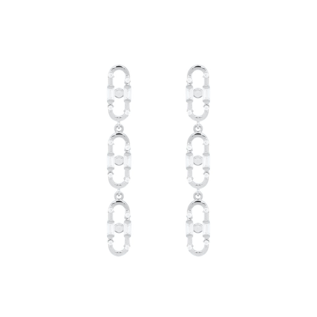 Baguette Paper Clip White Rhodium on Silver Earrings w. Zirconia