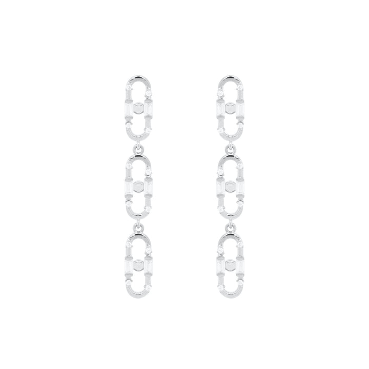 Baguette Paper Clip White Rhodium on Silver Earrings w. Zirconia
