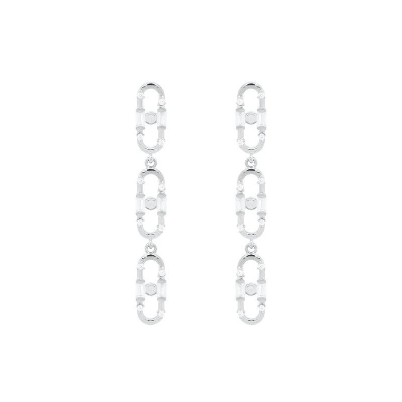 Baguette Paper Clip White Rhodium on Silver Earrings w. Zirconia