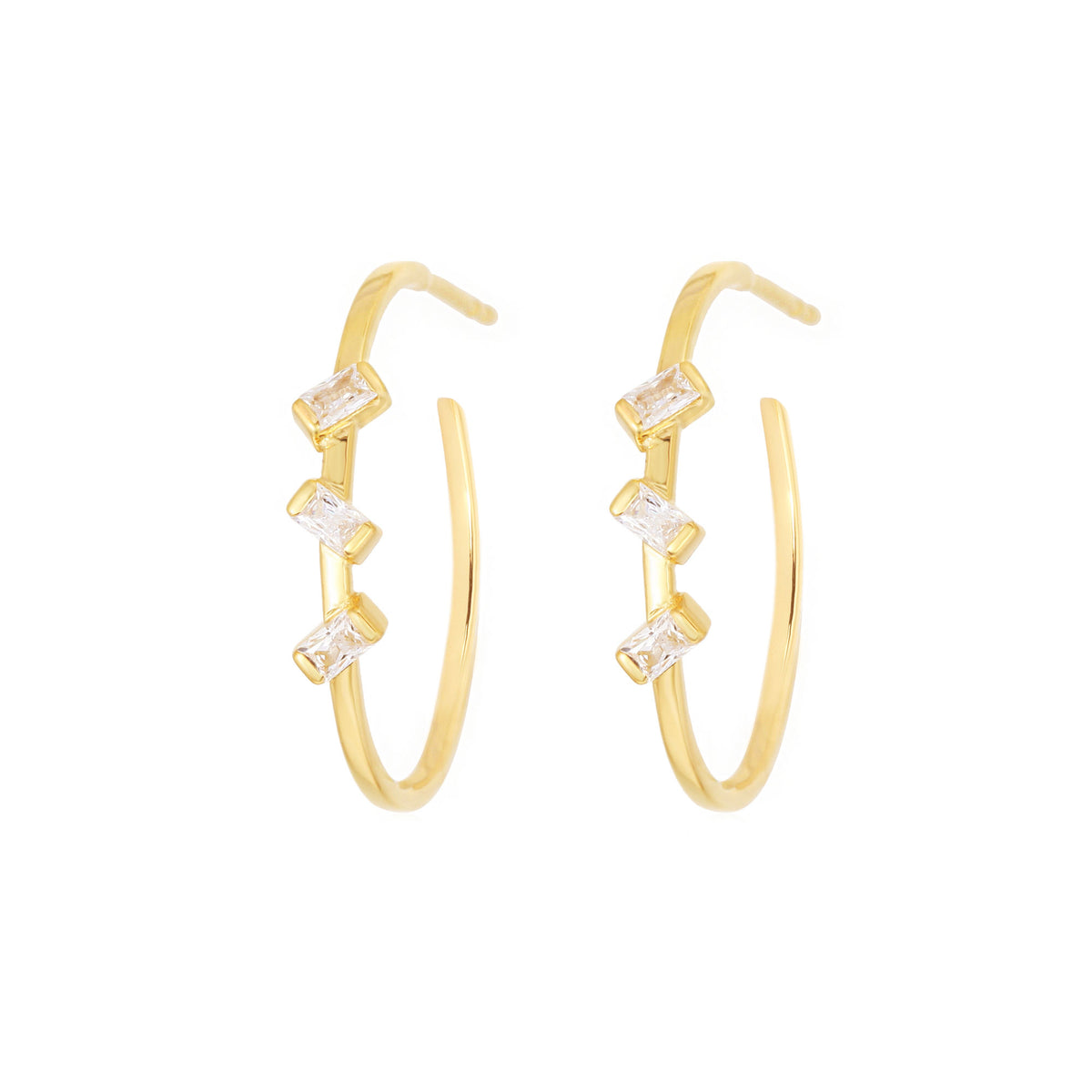 Baguette 3-Stone Gold Plated Hoops w. Zirconia