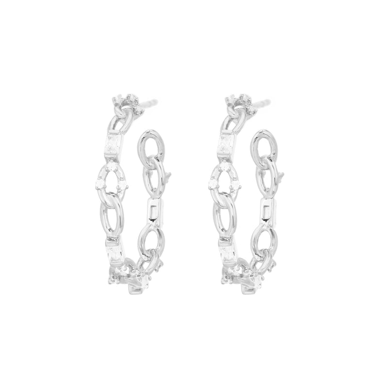 Baguette Chain White Rhodium on Silver Hoops w. Zirconia