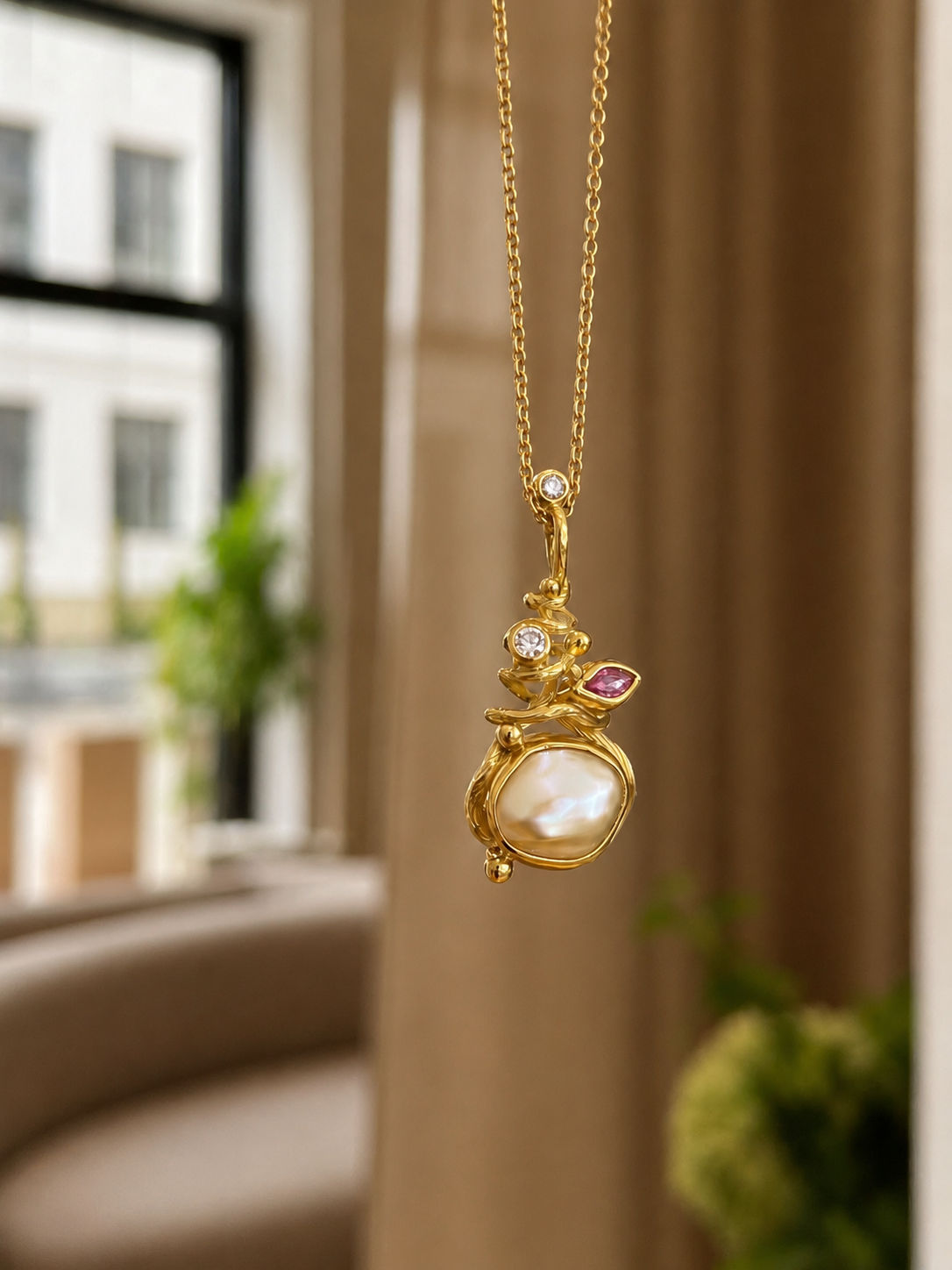 Gone Fishing 18K & 22K Gold Necklace w. Sapphire & Pearl