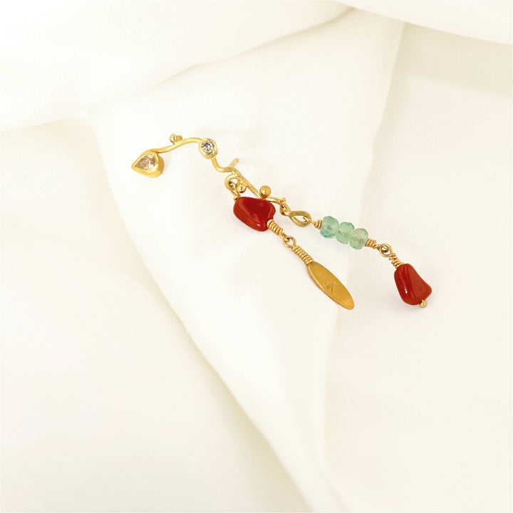 Seafire 18K & 22K Gold Earring w. Diamonds, Corals & Emerald