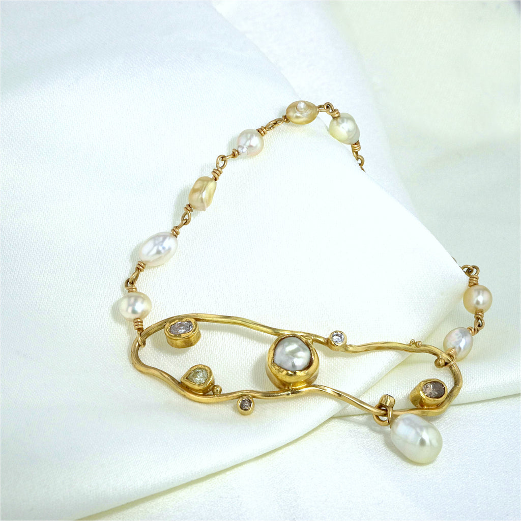 Cloud Keshi 18K & 22K Gold Bracelet w. Diamonds & Pearls