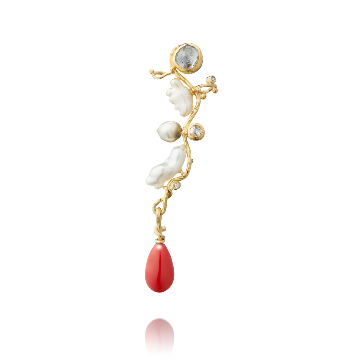 Filuka 18K & 22K Gold Earring w. Coral, Pearl & Diamonds
