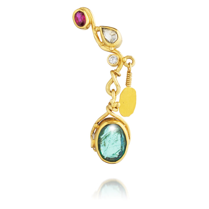 Seafire 18K & 24K Gold Earring w. Diamonds, Emeralds & Ruby