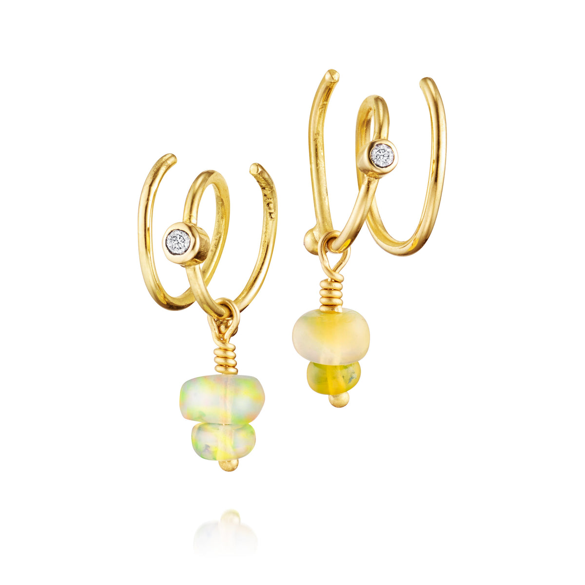 Spiral 18K Gold Hoops w. Diamonds & Opals