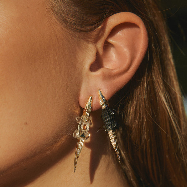 Pop Art Crystal Alligator Bite 18K Gold Earring