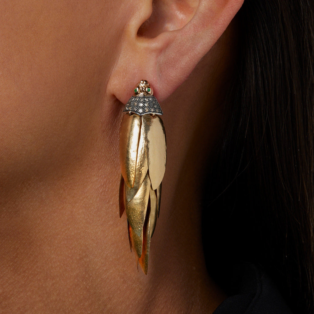 Gold Scarab Bunch 18K Gold & Silver Earring w. Diamonds & Tsavorite