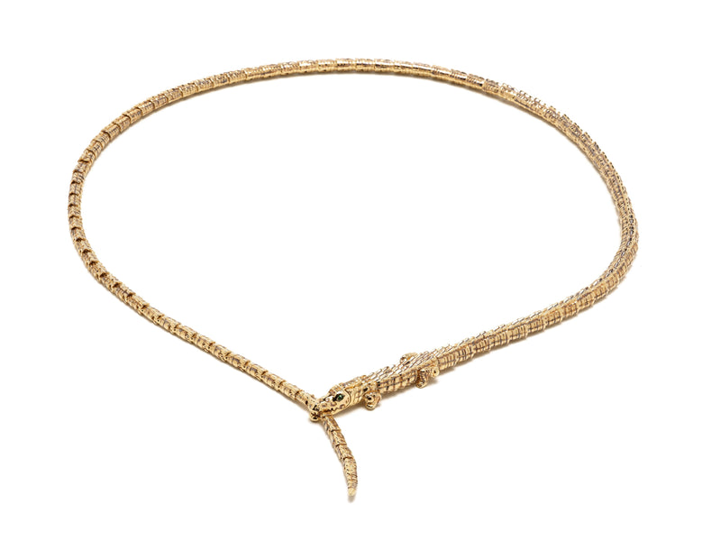 Alligator Wrap Thin  18K Gold Necklace w. Tsavorite