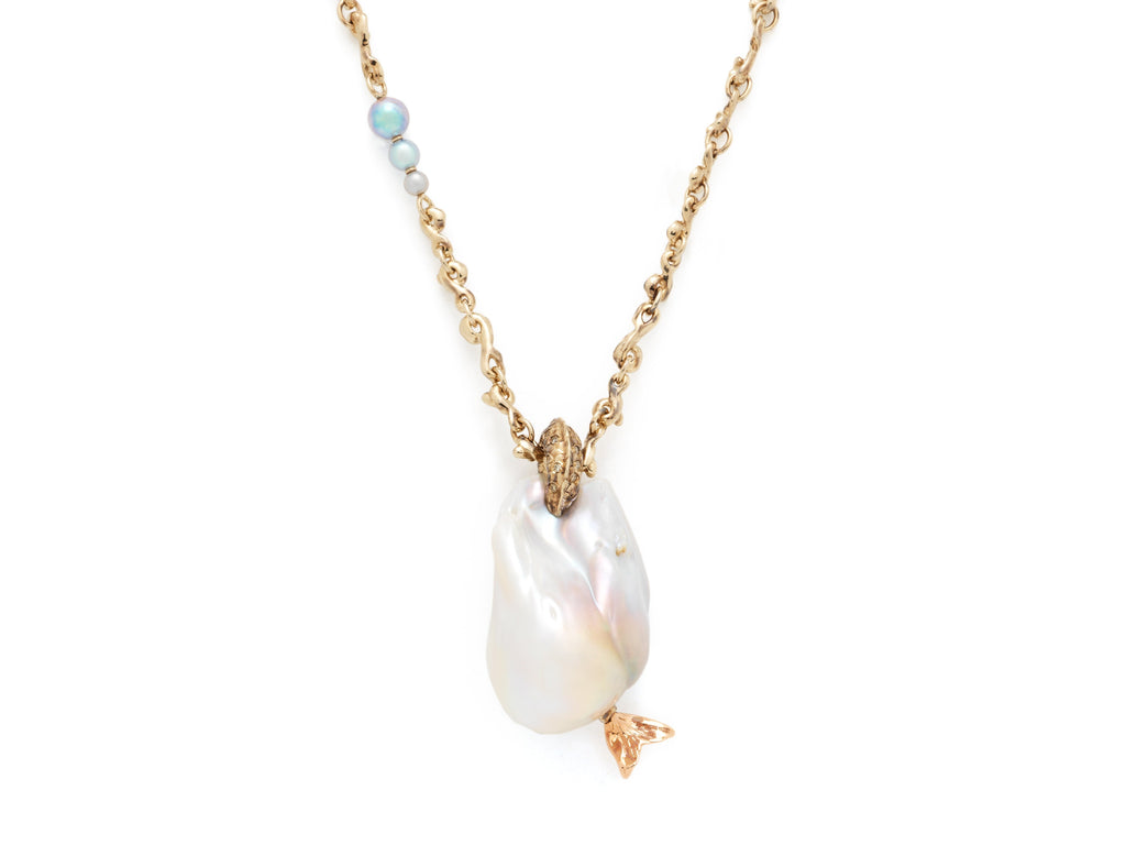 Mermaid Perle Pendant on Waves 18K Hvidguld & Rosaguld Halskæde
