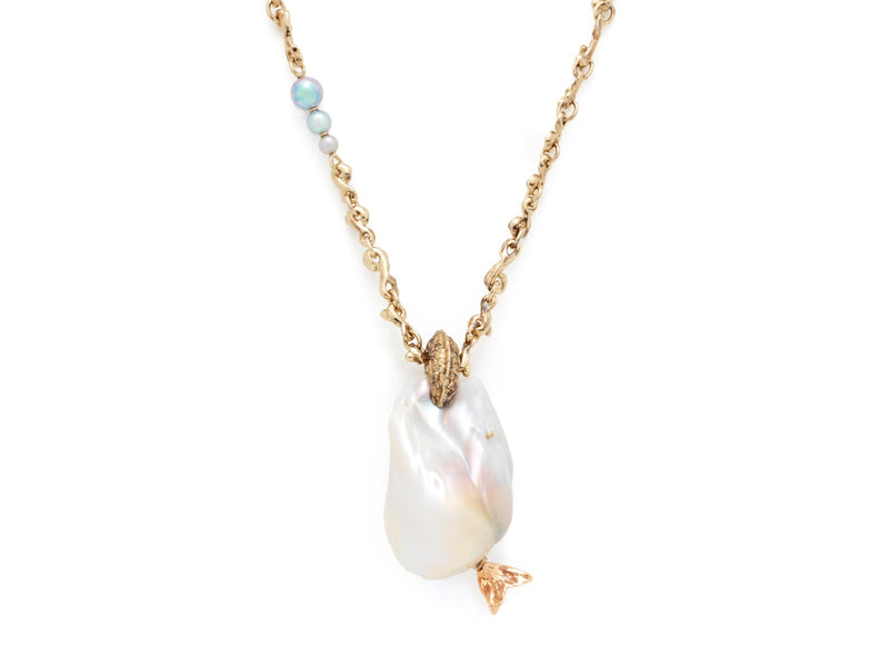 Mermaid Pearl Pendant on Waves 18K White Gold & Rose Gold Necklace