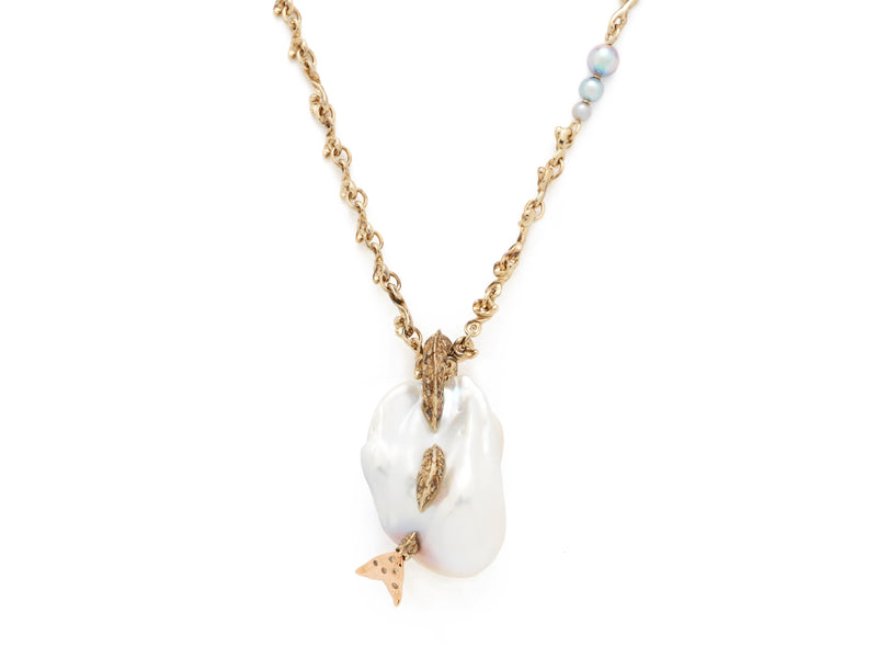 Mermaid Pearl Pendant on Waves 18K White Gold & Rose Gold Necklace