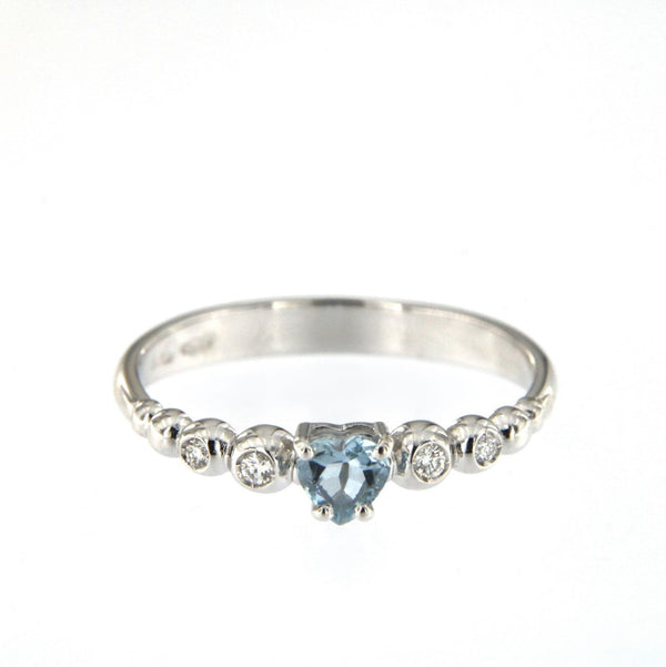 Bubble Heart 18K White Gold Ring w. Diamonds & Aquamarine