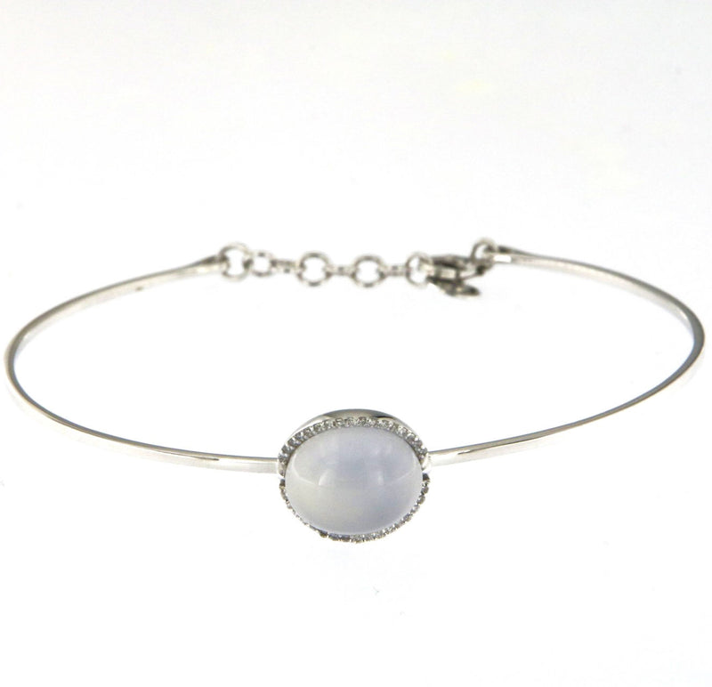 Cabouchon 18K White Gold Bracelet w. Diamonds & Chalcedony