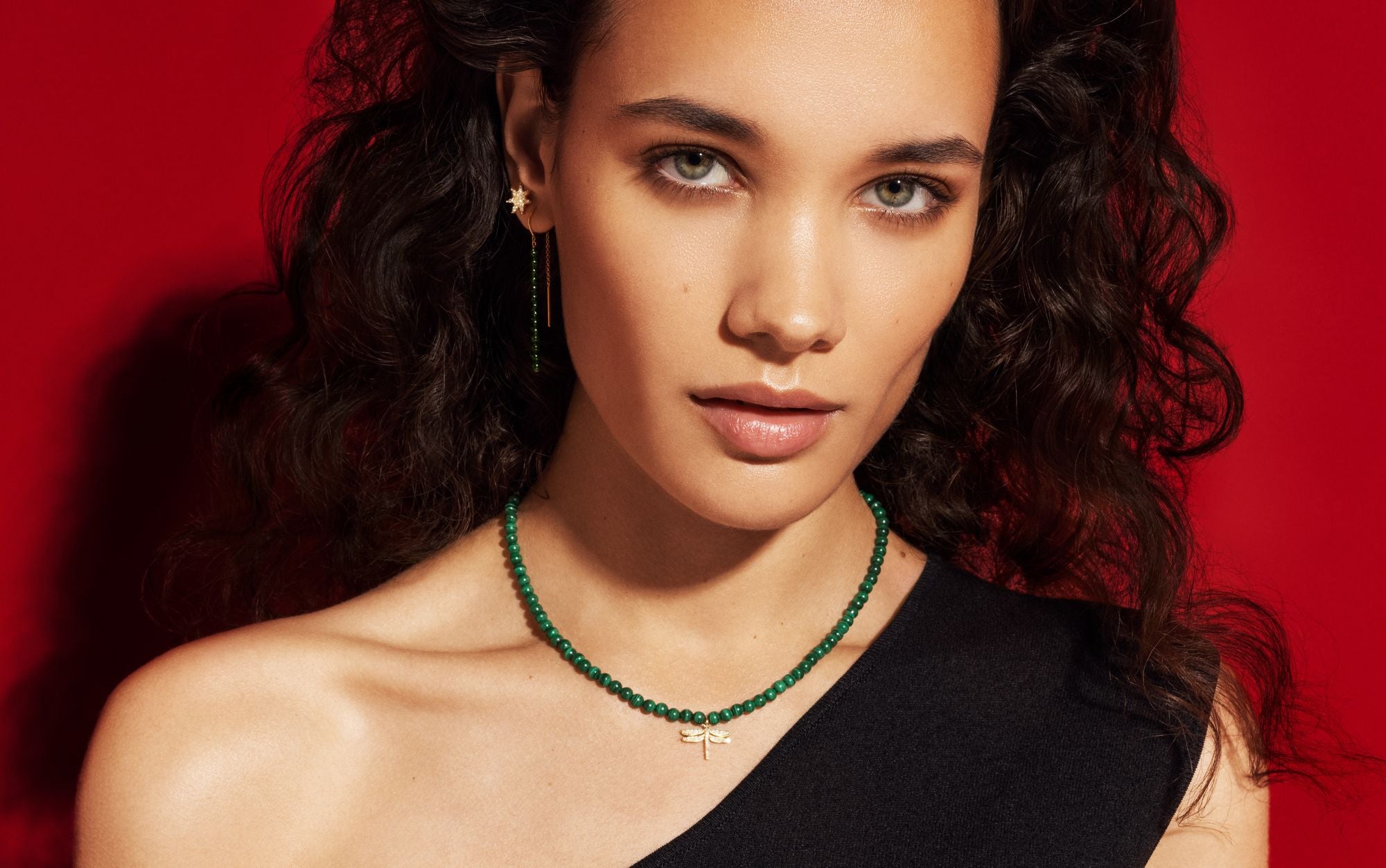 Dragonfly Necklace 18K Gold Plated Necklace w. Malachite & Diamond