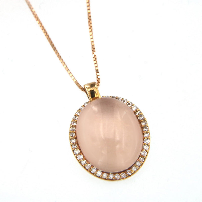 Cabouchon 18K Rose Gold Necklace w. Diamonds & Pink Quartz