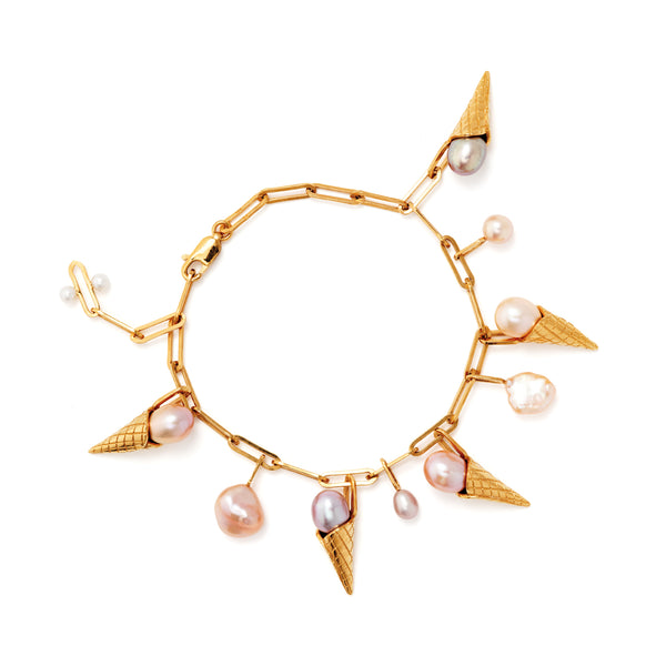 Ice Cream Charms Gold Plated Bracelet w. Pearls