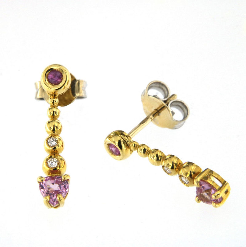 Bubble 18K Gold Earrings w. Diamonds & Pink Sapphire