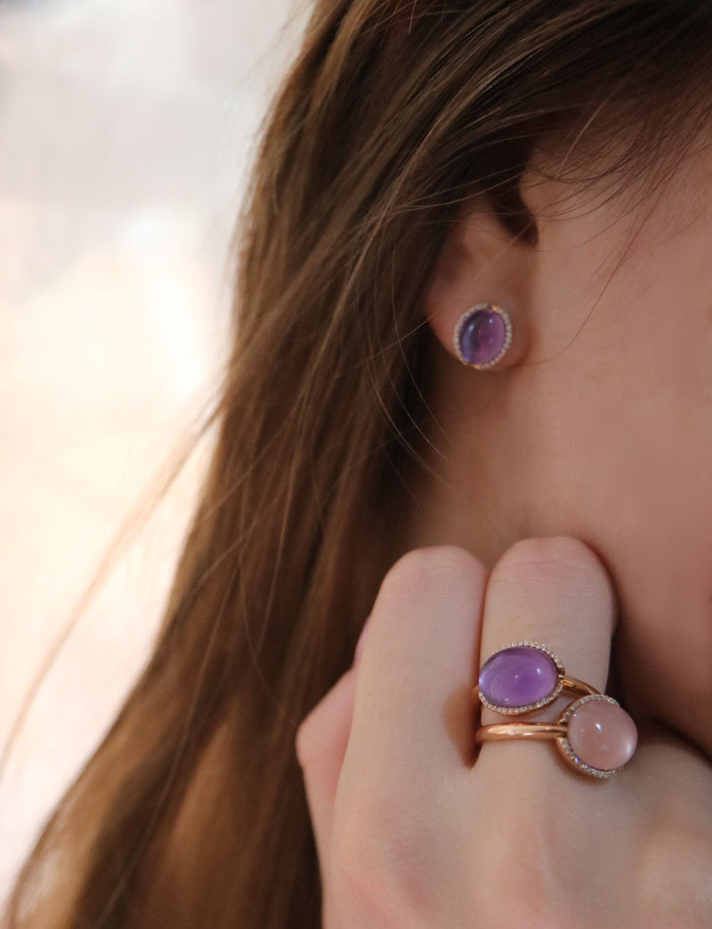 Cabouchon 18K Rose Gold Earrings w. Diamonds & Smokey Quartz