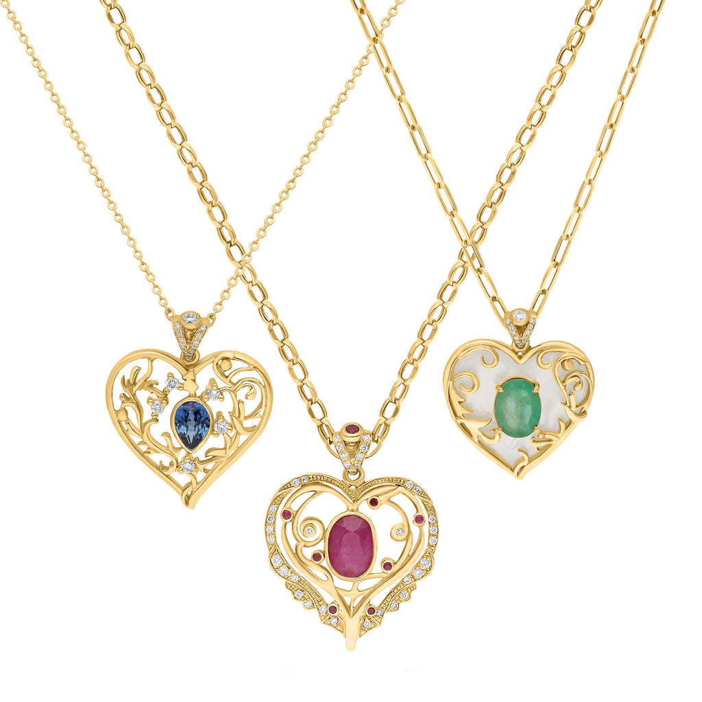 Elixir Heart 18K Gold Necklace w. Ruby & Diamonds